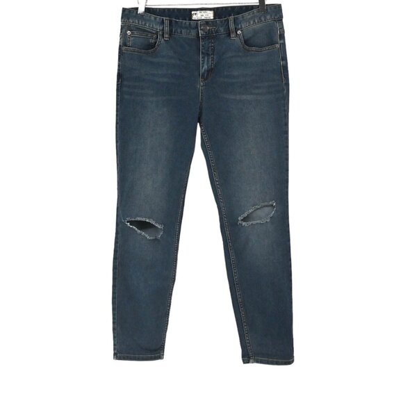 FREE PEOPLE Jeans Womens Sz 31 Dark Wash Distressed Busted Knee Mid Rise Skinny - Picture 1 of 12